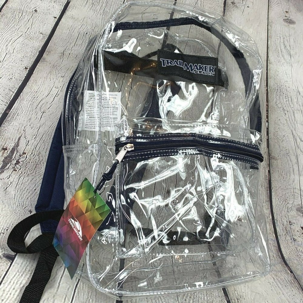 New Trailmaker Classic PVC Clear Backpack Black Blue Trim Student School Travel